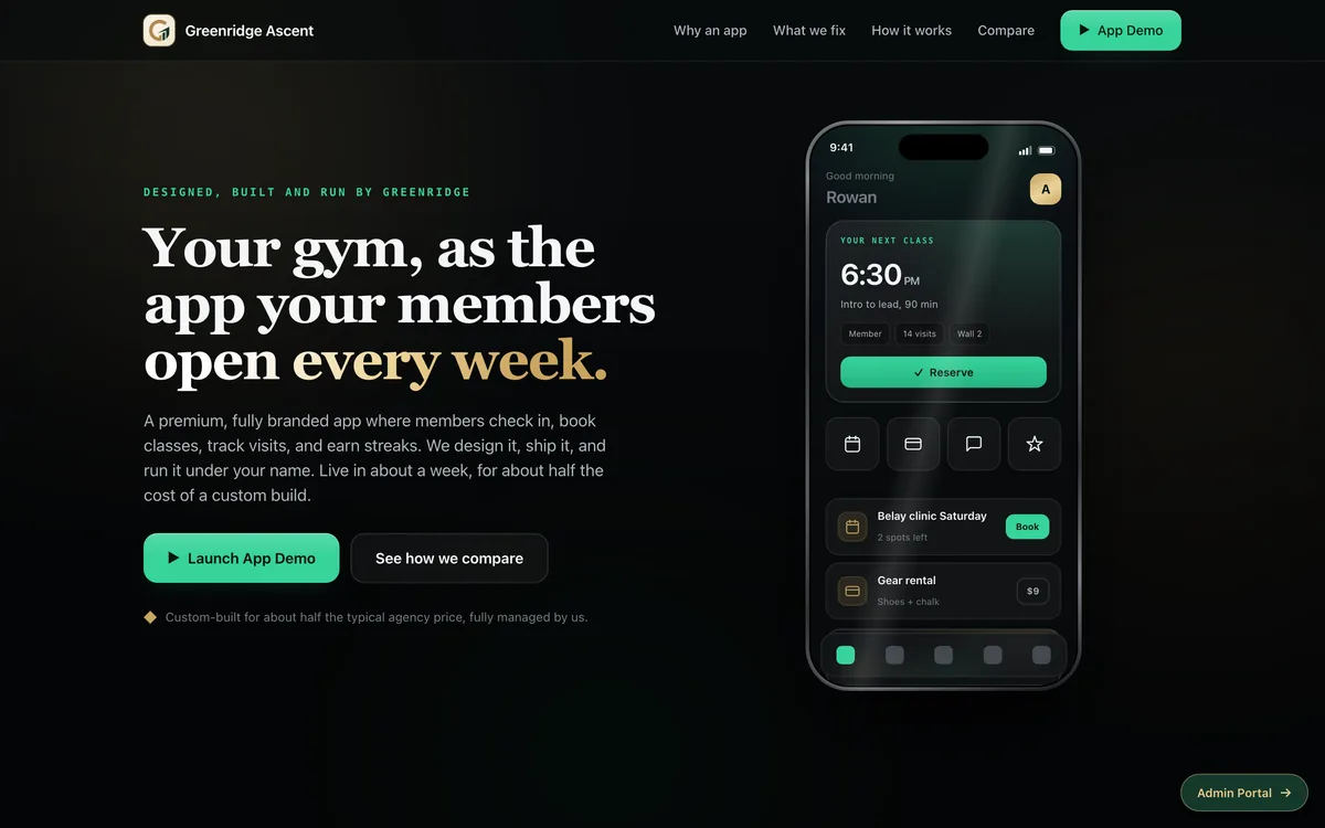 Climbing Gym Branded App Template + greenridgeascent.com