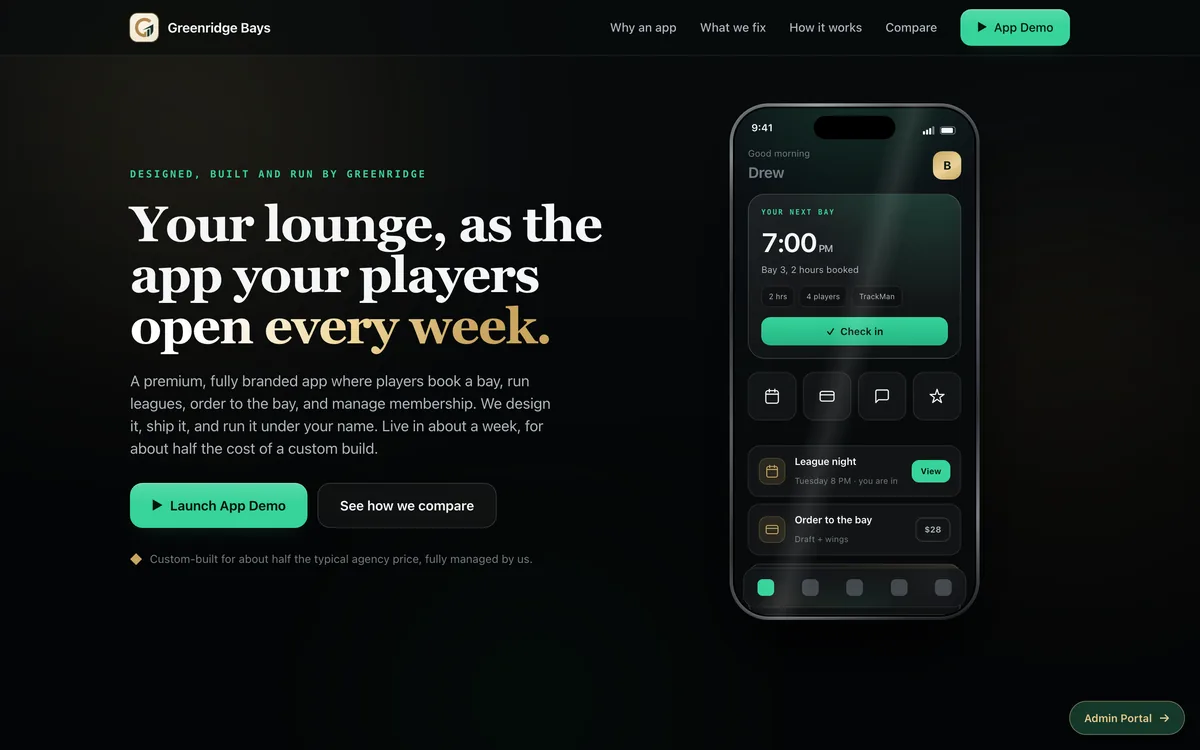 Indoor Golf Lounge Branded App Template + greenridgebays.com