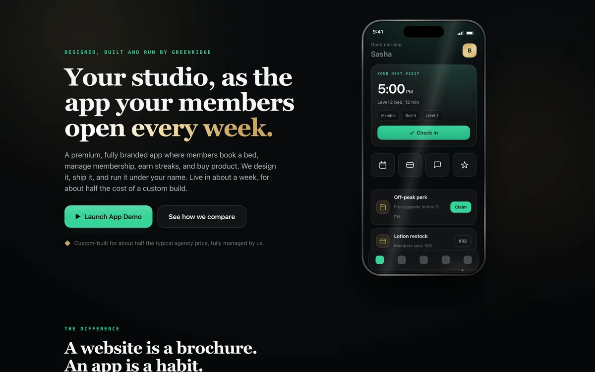 Tanning Studio Branded App Template + greenridgebronze.com