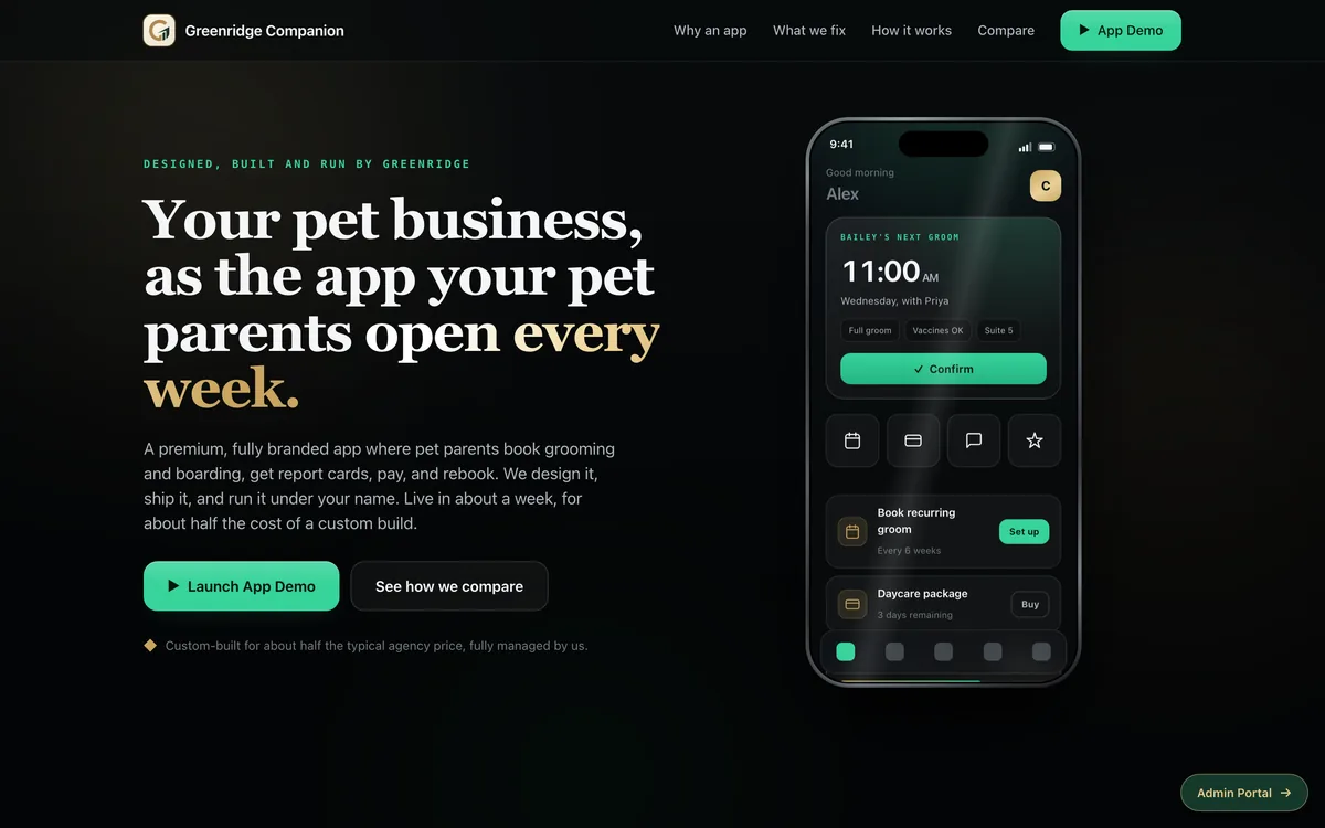 Pet Care & Grooming Branded App Template + greenridgecompanion.com