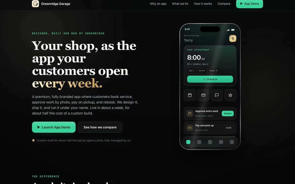 Auto Service & Quick-Lube Branded App Template + greenridgegarage.com