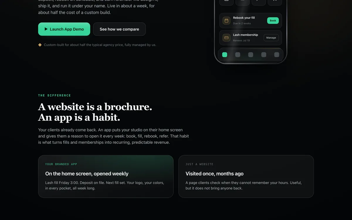 Lash & Brow Studio Branded App Template + greenridgegloss.com
