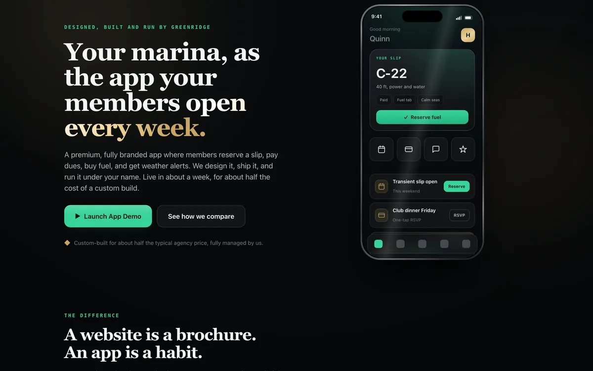 Marina & Boat Club Branded App Template + greenridgeharbor.com