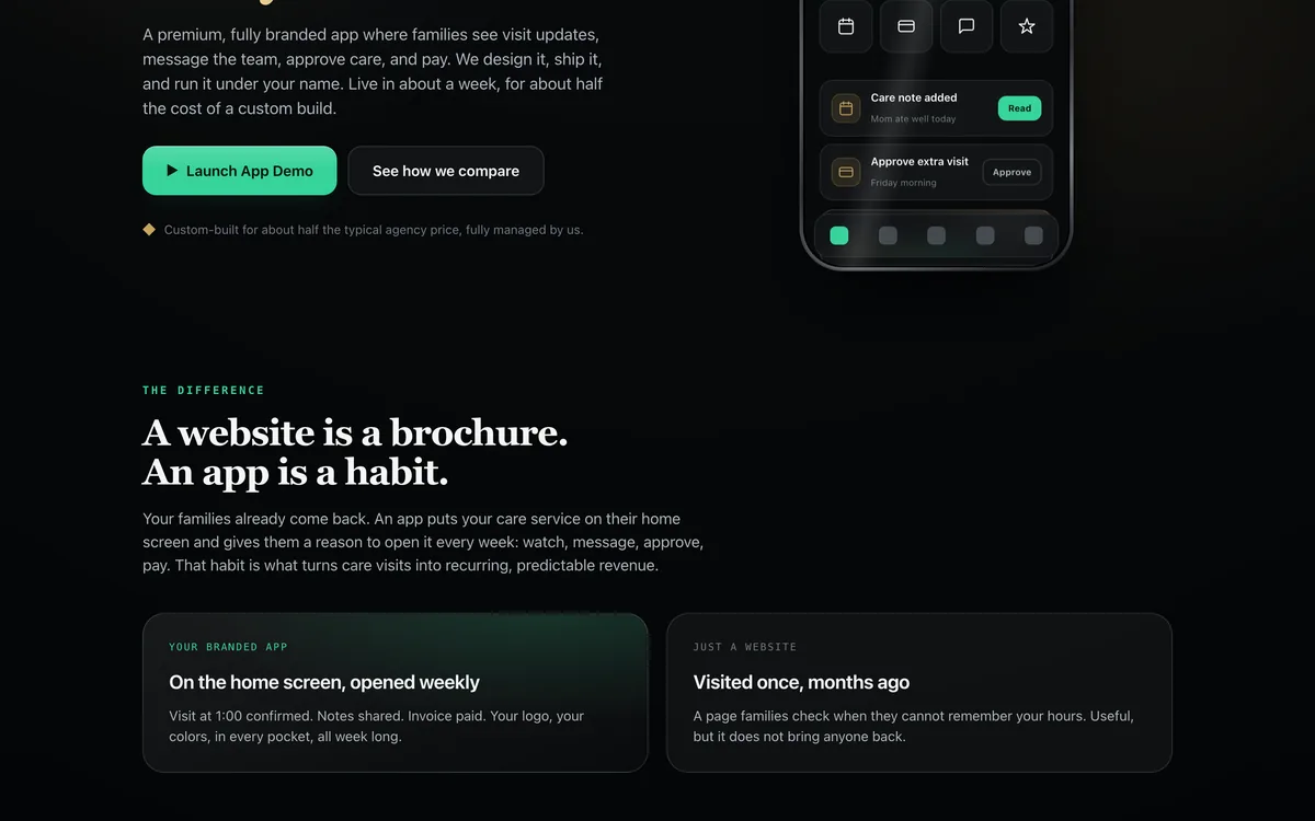 Home Care & Senior Living Branded App Template + greenridgekin.com