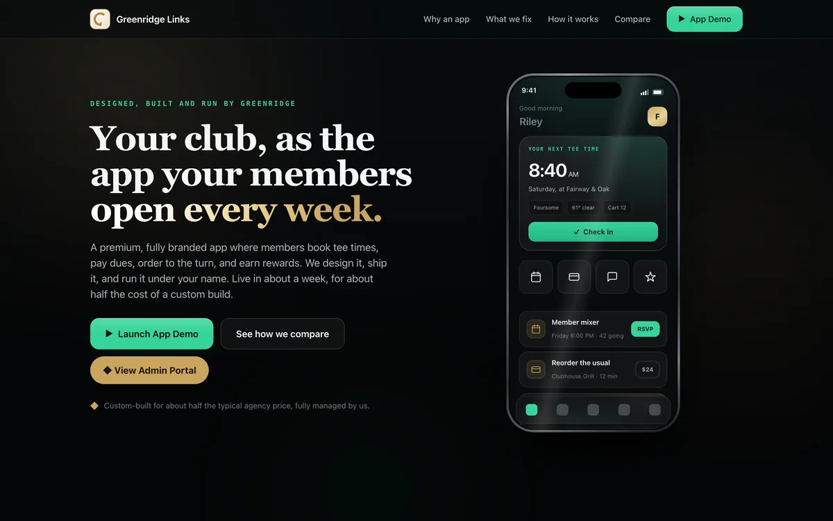 Golf & Country Club Branded App Template + greenridgelinks.com