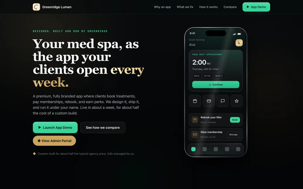 Med Spa & Aesthetics Branded App Template + greenridgelumen.com
