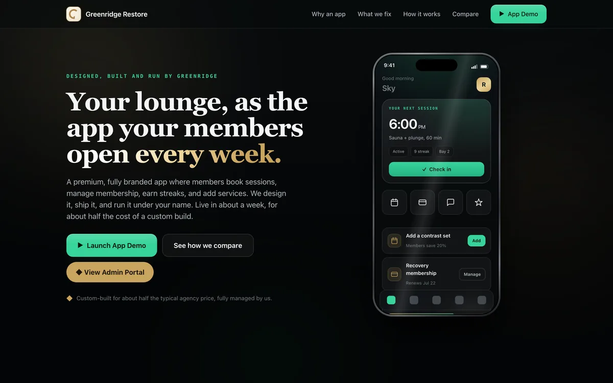 Recovery & Wellness Lounge Branded App Template + greenridgerestore.com