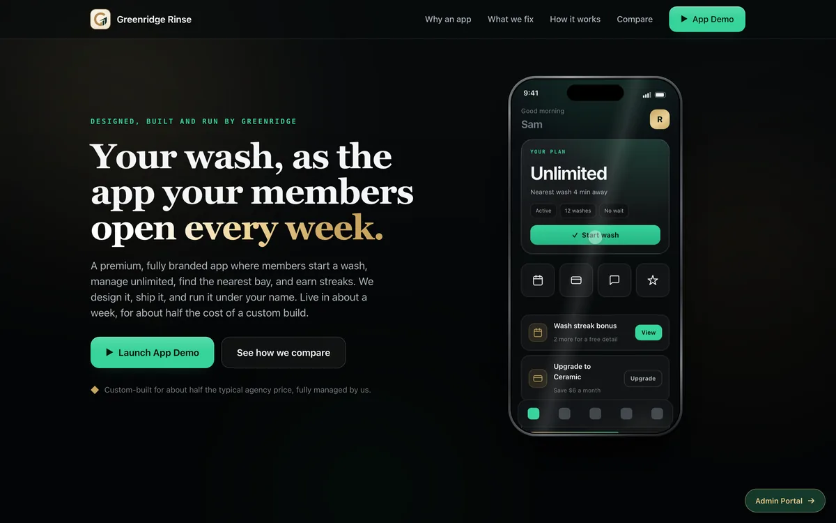 Subscription Car Wash Branded App Template + greenridgerinse.com