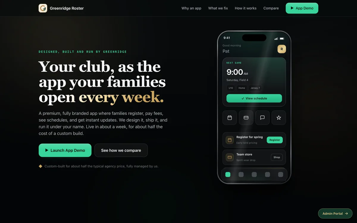 Youth Sports Club Branded App Template + greenridgeroster.com