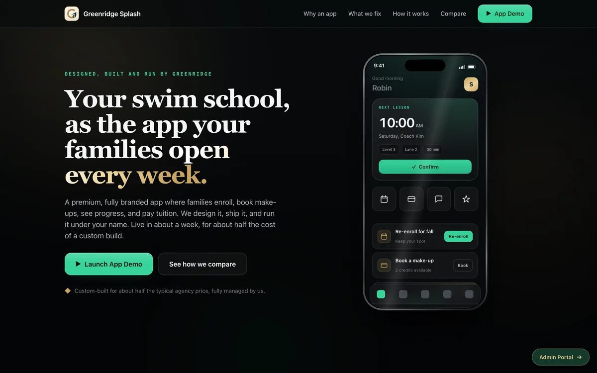 Swim & Kids Activity School Branded App Template + greenridgesplash.com