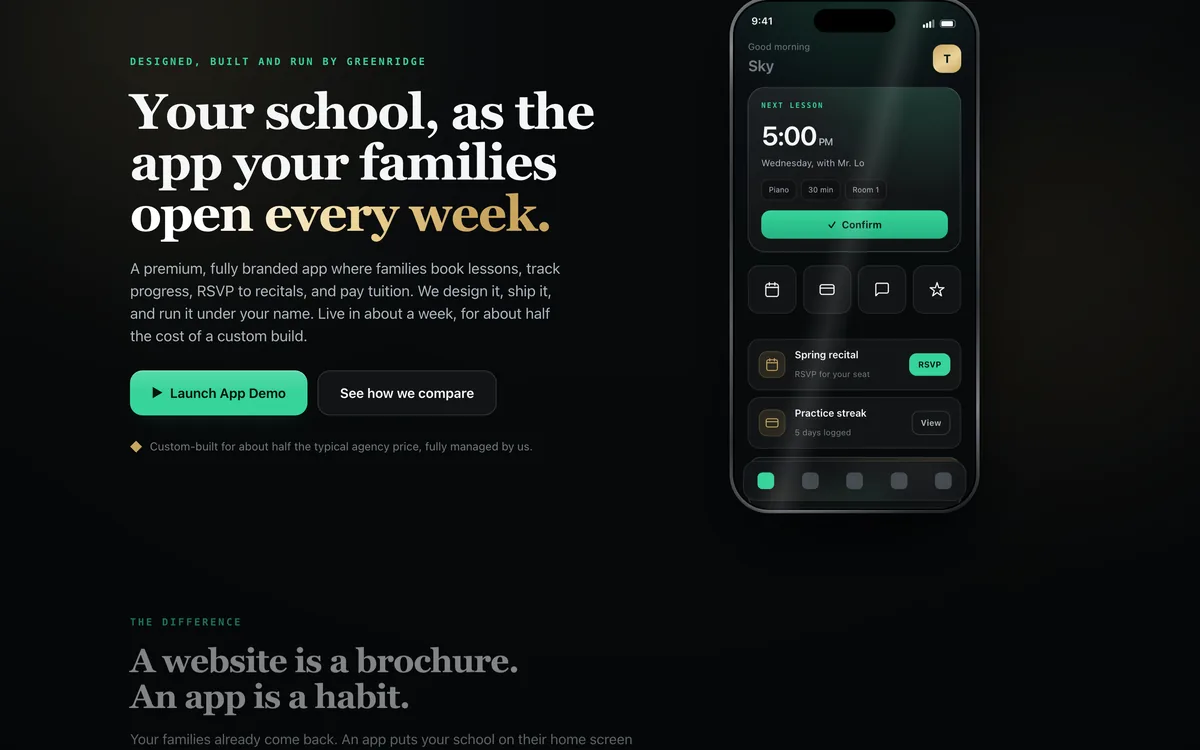Music School Branded App Template + greenridgetempo.com