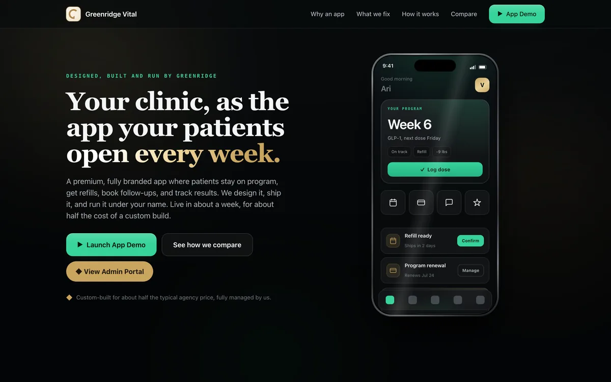 Weight-Loss & Wellness Clinic Branded App Template + greenridgevital.com